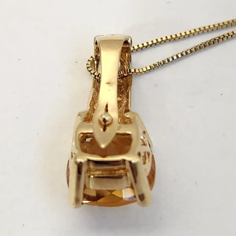 VTG Estate Older 14K Solid Gold Citrine & Diamond Open Bail Pendant & Chain - Picture 10 of 13